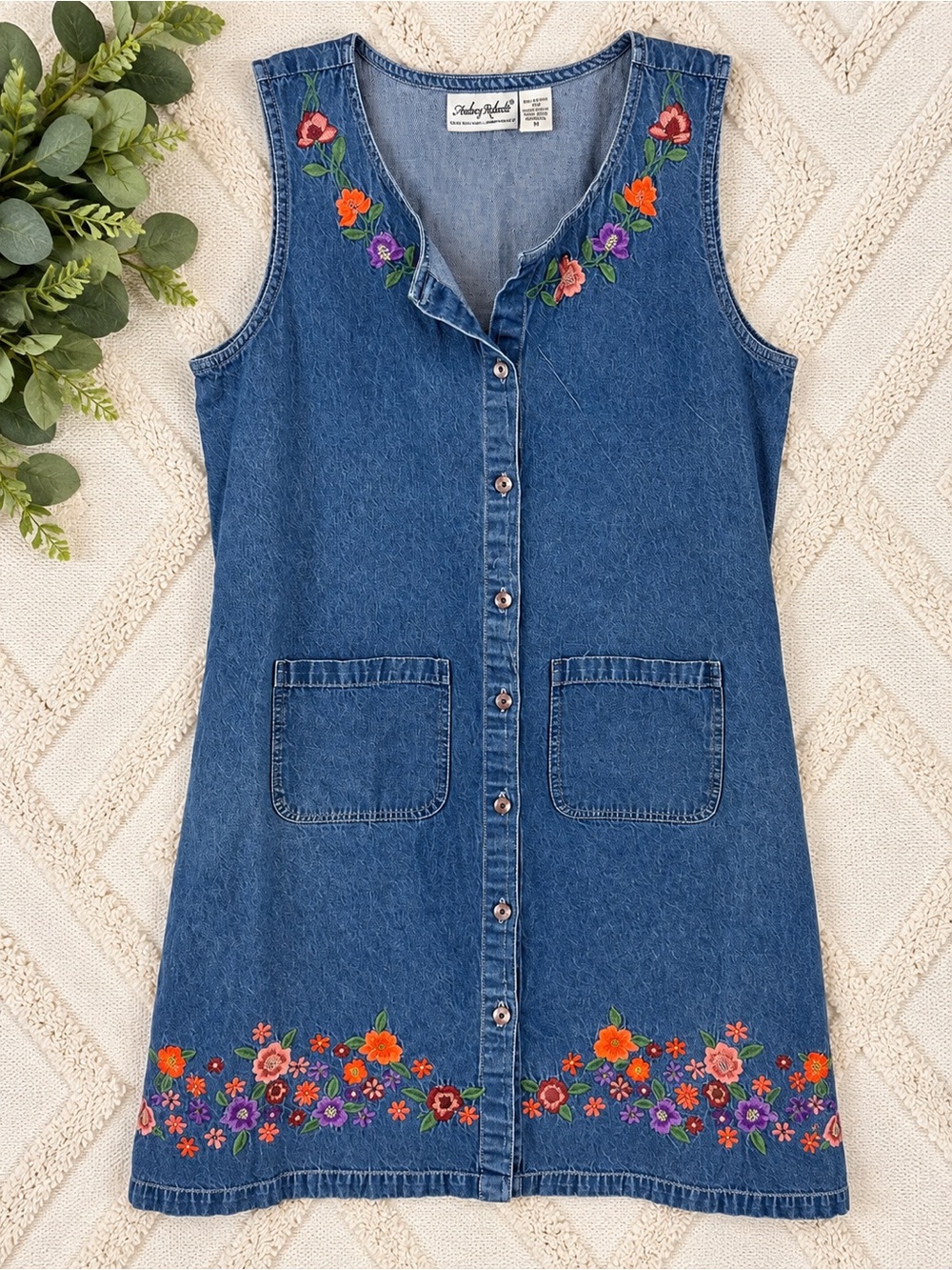 Audrey Roberts Denim Sleeveless Dress Floral Embroidered Button Front